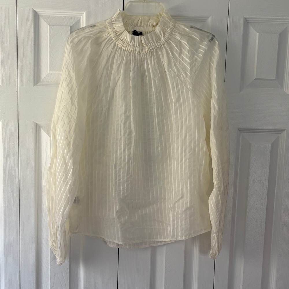 Ann Taylor Ivory Sheer Long-Sleeve Smocked Neck Blouse